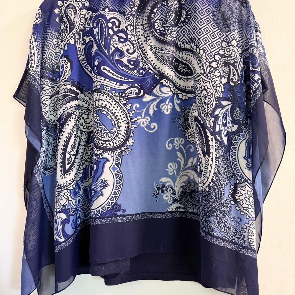 BLEU Navy Paisley Sheer Overlay Top XL Rhinestone Blouse - Picture 3 of 11